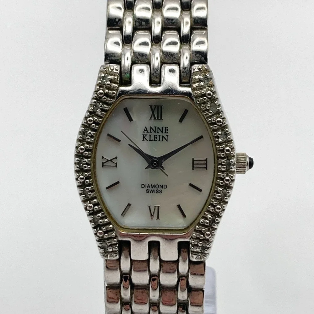 Anne Klein Diamond Womens Watch 23mm Silver Tone MOP Dial Swiss New Battery 6.5